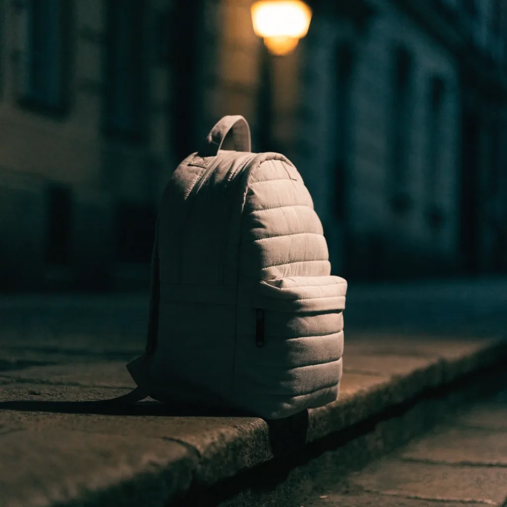 A rounded-top backpack leaning against a concrete bench under a streetlamp at night