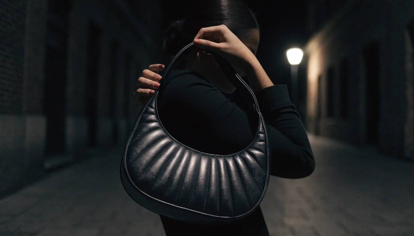 A crescent-shaped bag hanging from a fogged railing at night with city lights blurred behind it