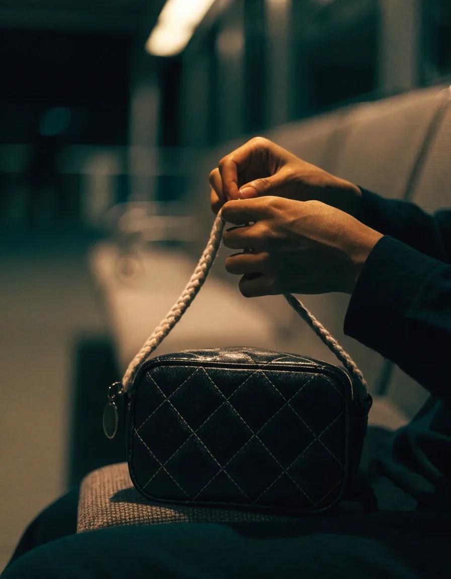 A woven bag strap and a small charm on a dark table under raking light at night