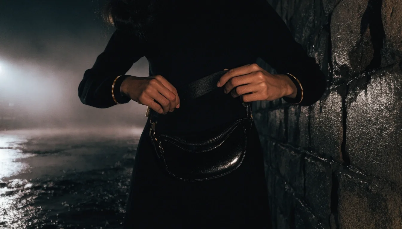 A soft crescent-shaped bag resting on a wet stone ledge at night under a single hard key light