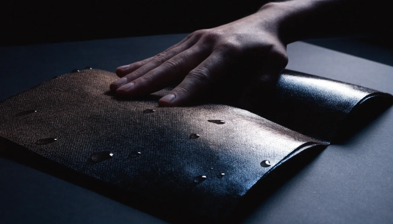 A hand pressing a waxed cotton panel in raking night light with water beading on the surface