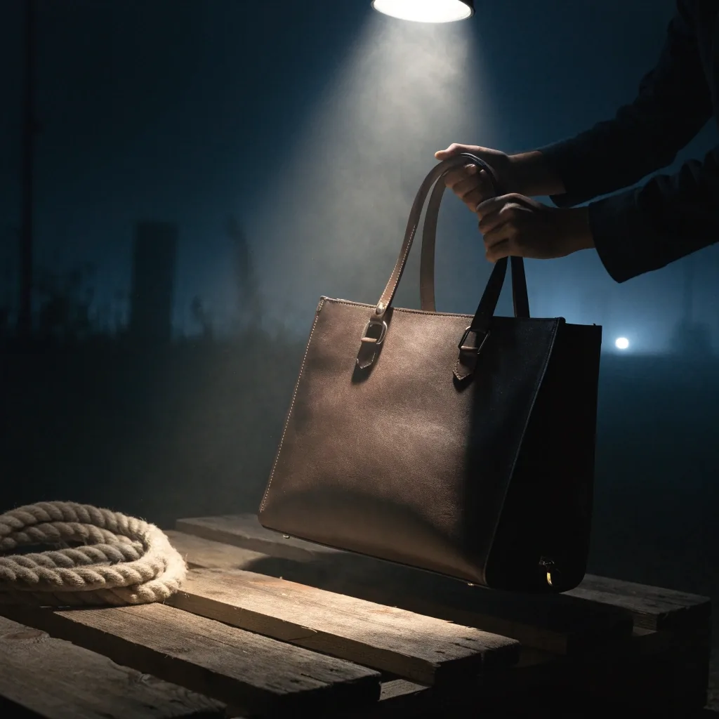 A tote bag on a dark wooden pallet at night under an overhead work lamp with a coiled rope beside it
