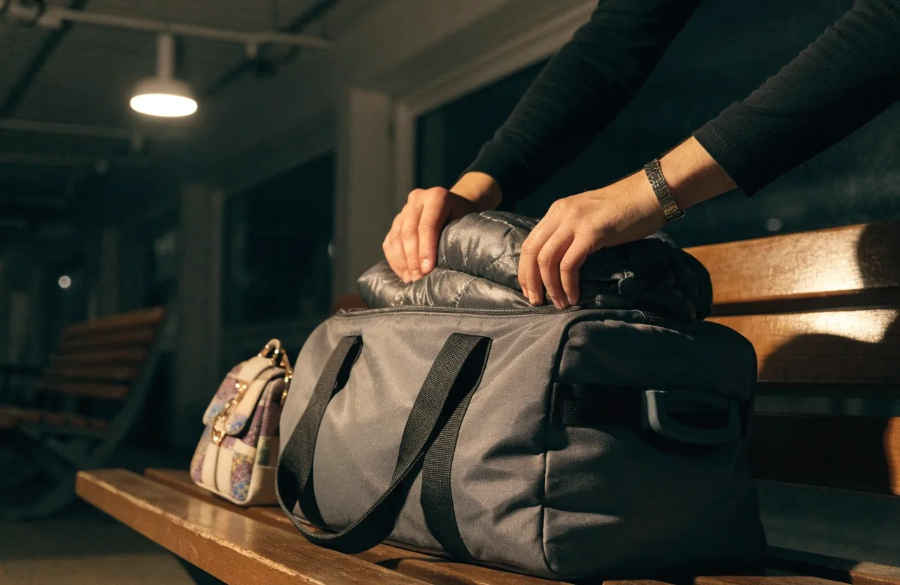 A large canvas duffel bag on wet pier boards under a work lamp at night with a coiled rope beside it