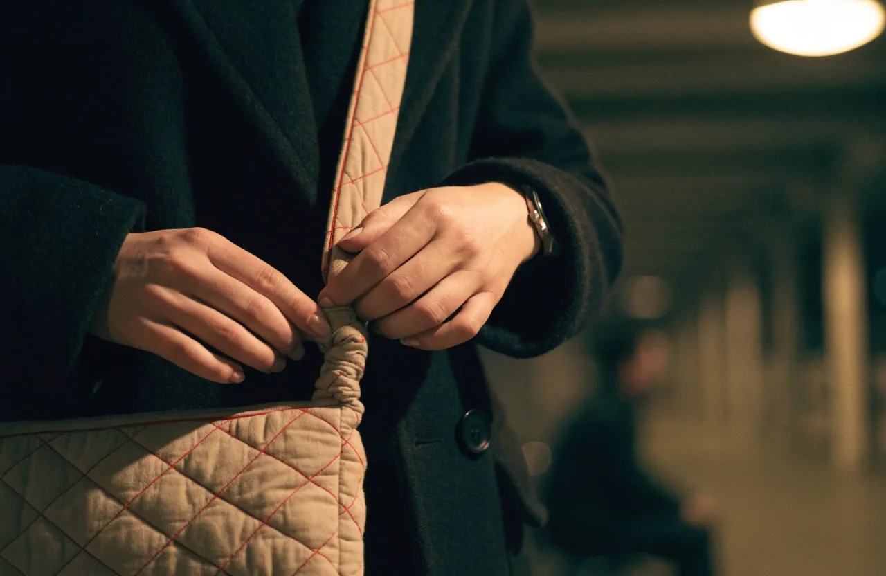 A soft crescent purse resting on a wet stone ledge at night with a hard key light from the left