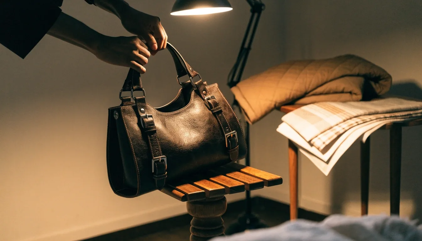 An empty night loading dock under one overhead lamp with a canvas weekender bag resting at the edge of the light