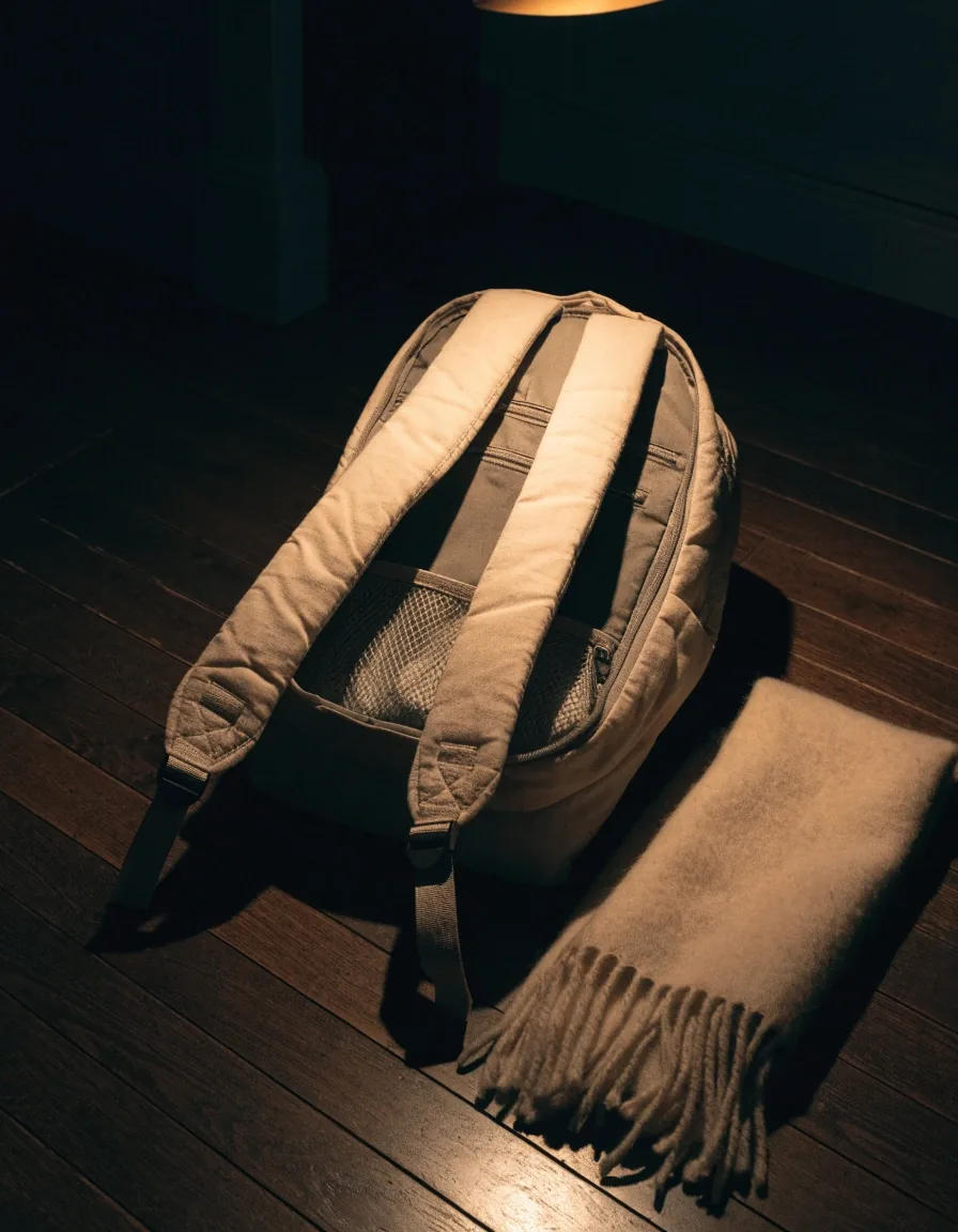 Backpack set open on dark floorboards with a folded scarf beside it under one overhead lamp