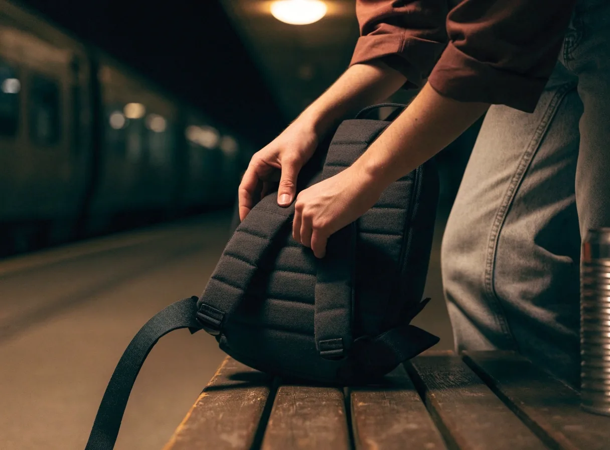 Backpack leaning against a fogged metal railing with blurred city lights behind