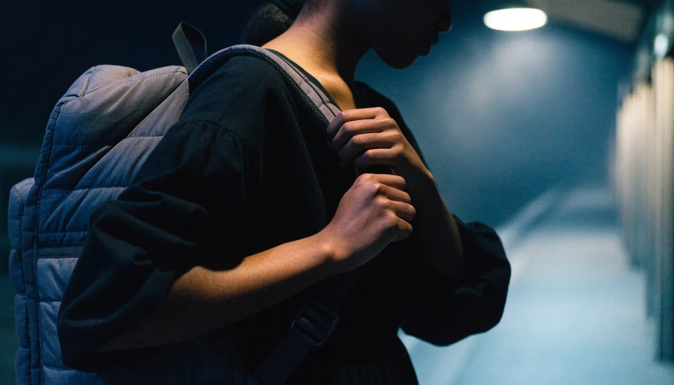 Backpack resting against a concrete bench under a single streetlamp on a foggy night