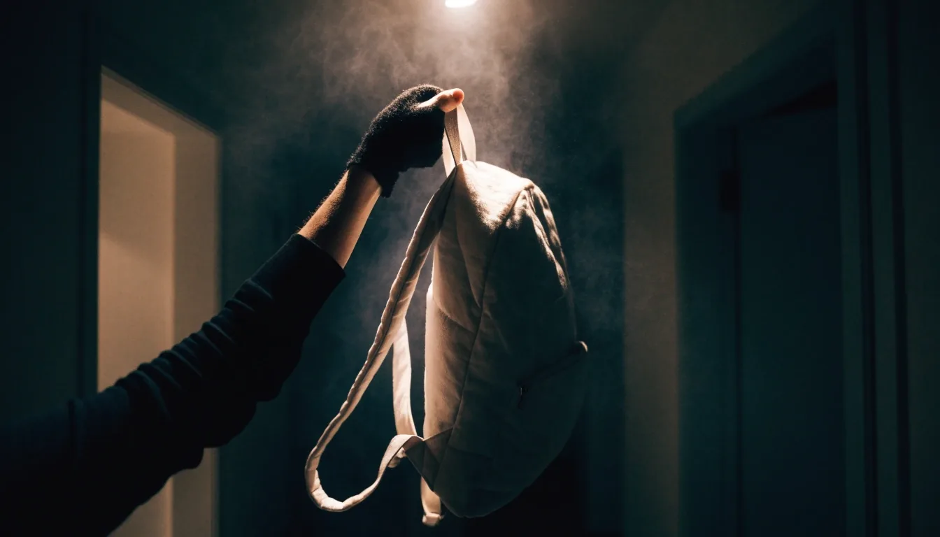 Hand lifting a soft backpack by its top handle under a hard overhead lamp
