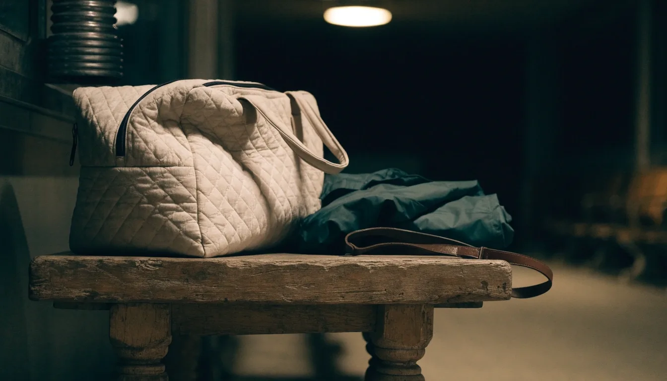 A waxed-canvas tote bag on a dark wooden pallet under one work lamp on a fog-wet night dock