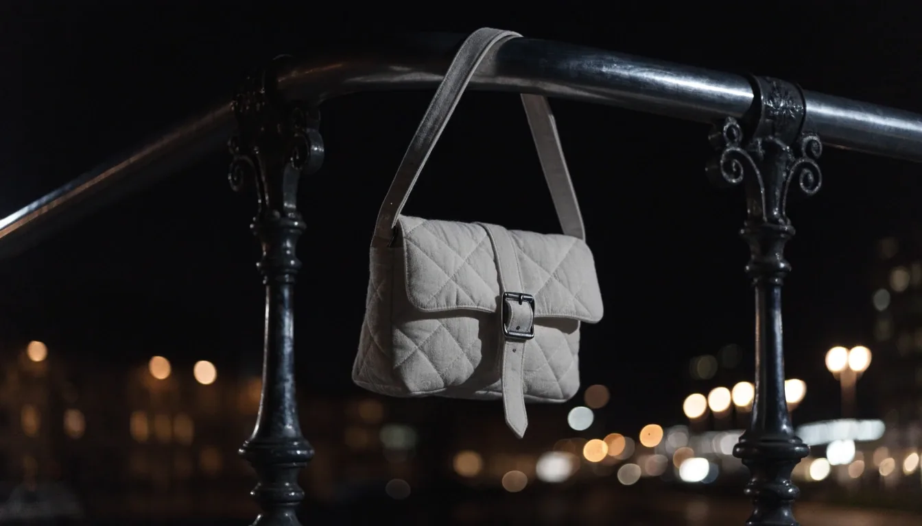 A crossbody bag hanging from a fogged metal railing with blurred city lights behind it at night