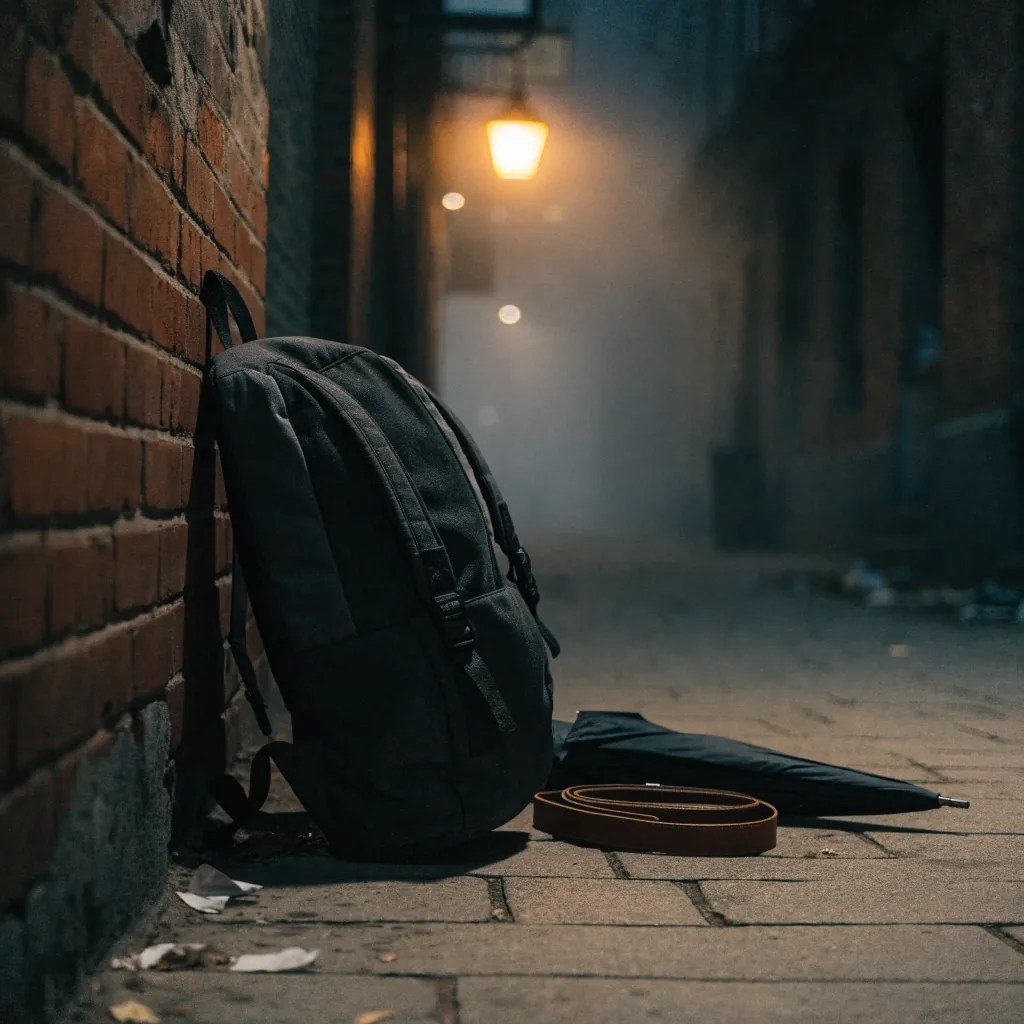 An empty night loading dock under one overhead lamp with a single bag silhouette at the edge of the light