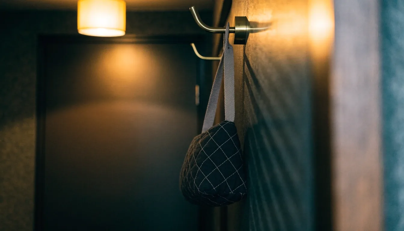 A weekender duffel bag on fog-wet pier boards under one hard work lamp at night