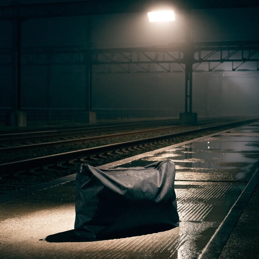 An empty night loading dock under one overhead lamp with a tote bag resting at the edge of the light