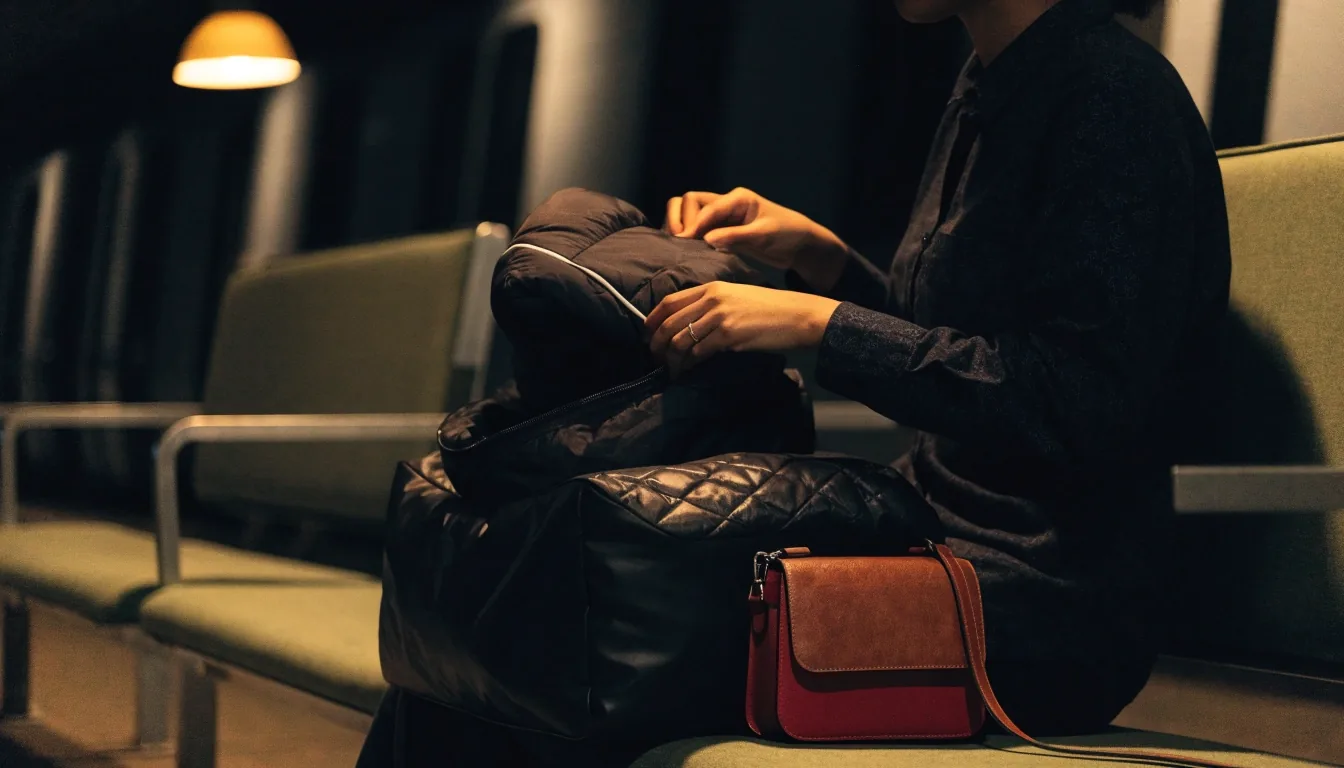 A weekender duffel resting on wet pier boards under a single hard work lamp at night