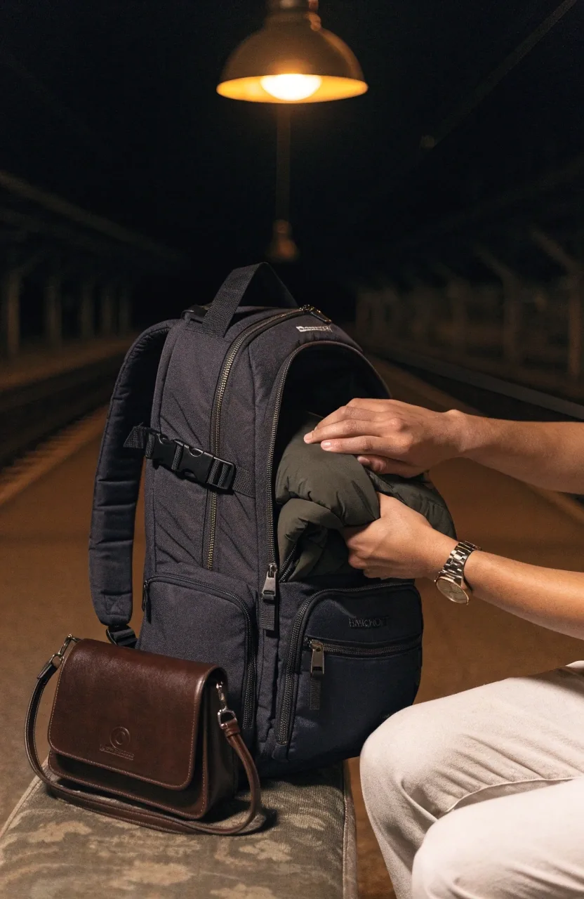 A duffel bag open on a concrete bench at night with clothing folded inside and a hand on the handle
