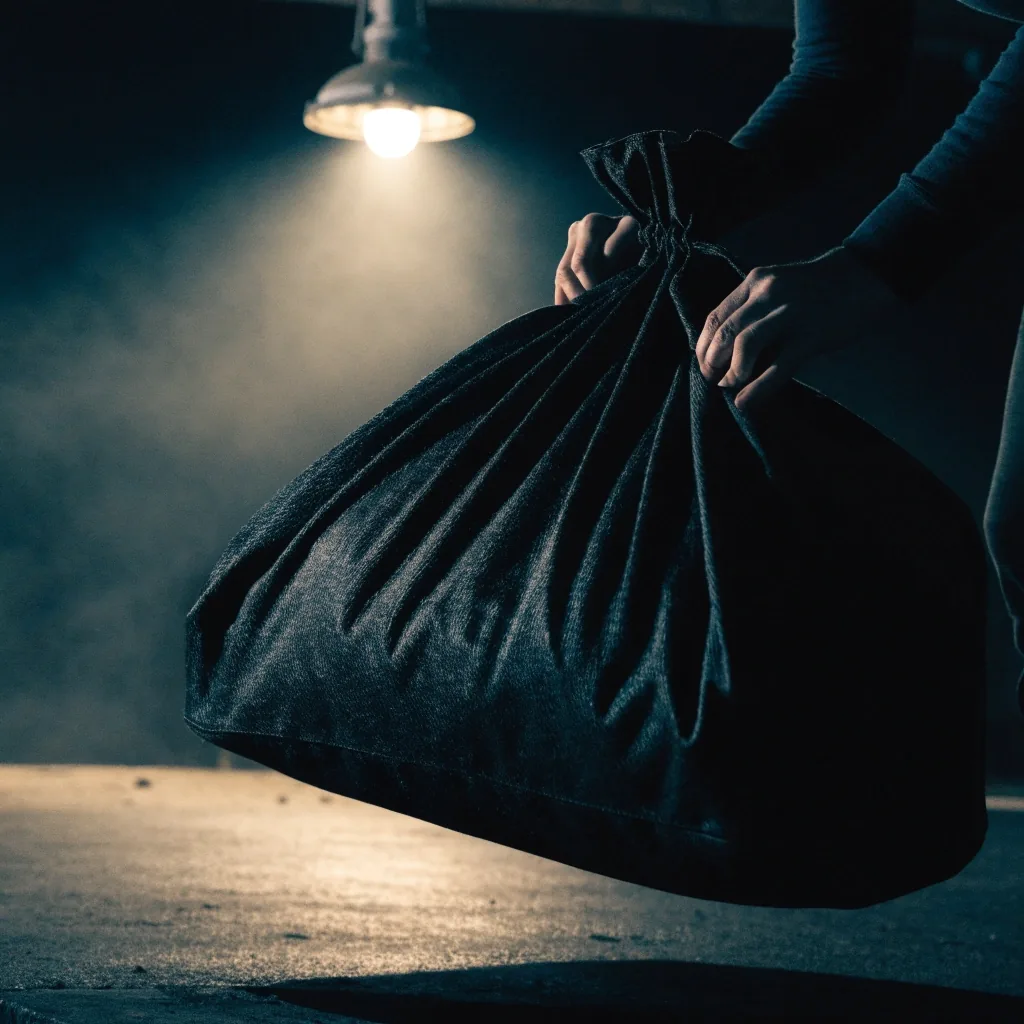 A duffel bag on a dark loading dock at night under one overhead work lamp