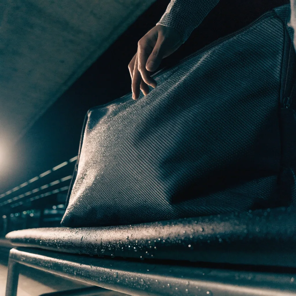 Water beading on the twill shell of a duffel bag at night as a hand tests the fabric