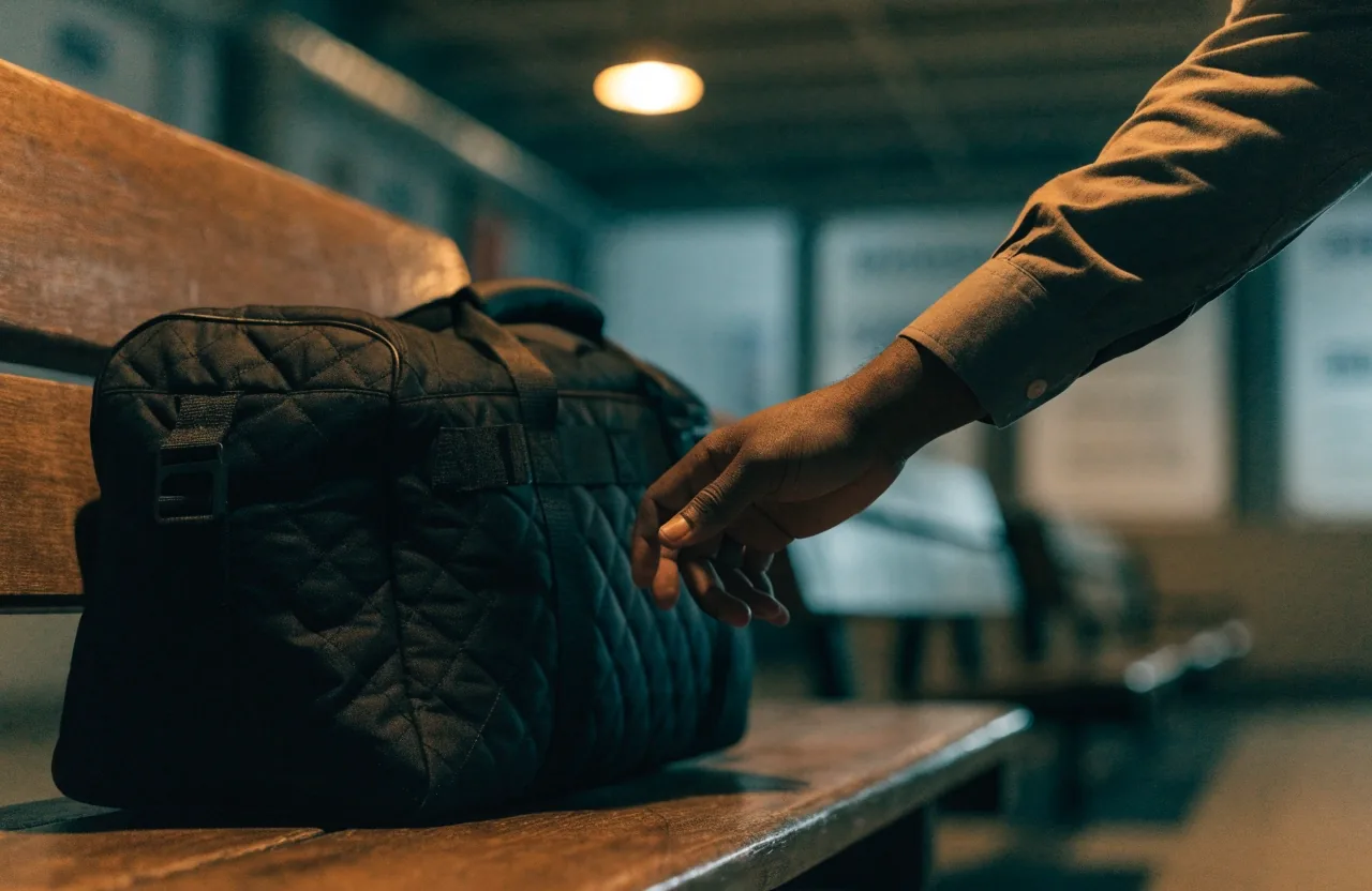 A quilted backpack leaning against a concrete bench under a single streetlamp at night
