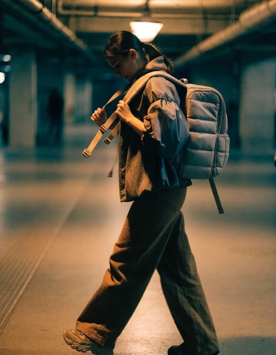 A backpack standing on wet pavement beside a loading dock under one overhead work lamp