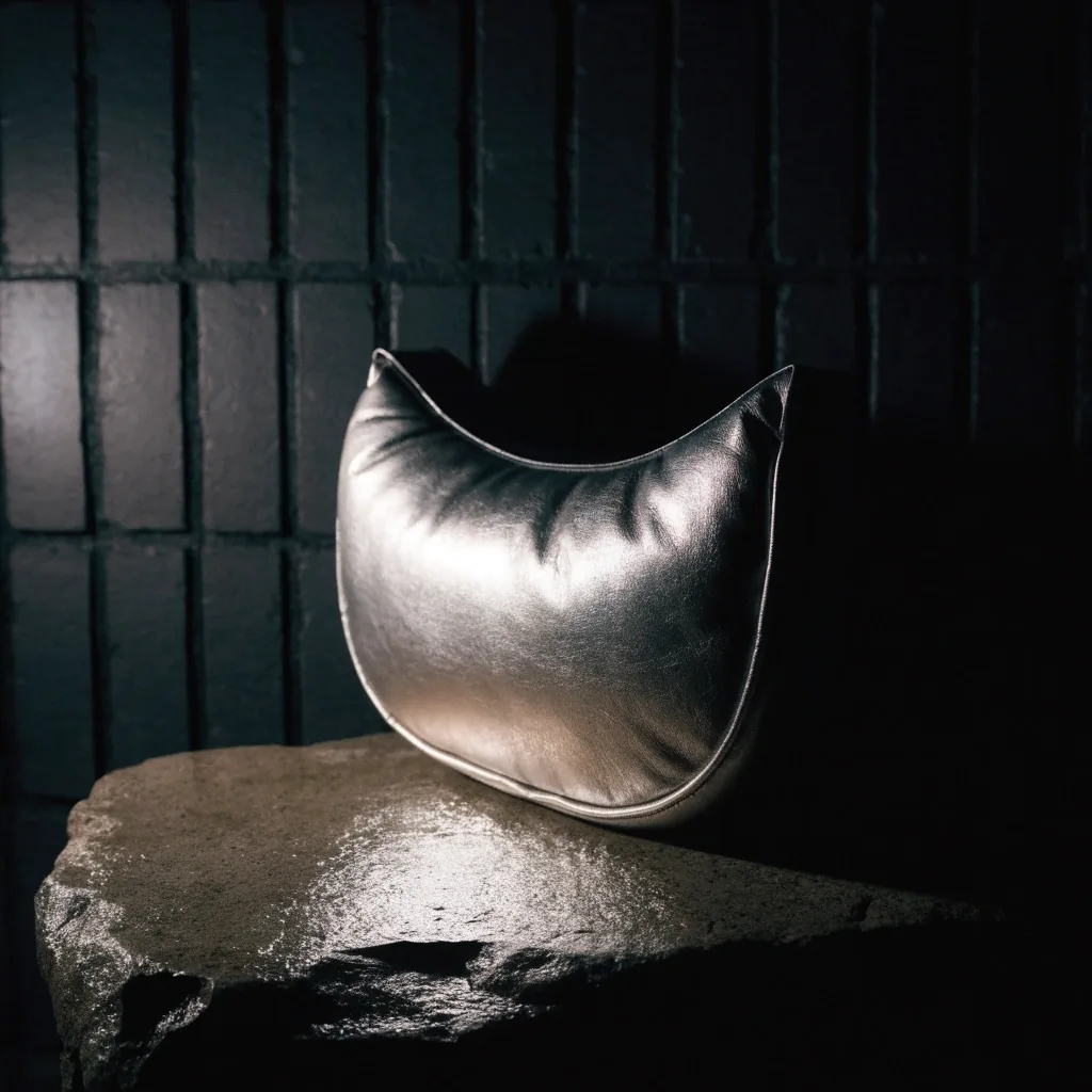 A crescent shoulder bag resting on a wet stone ledge against a dark wall at night