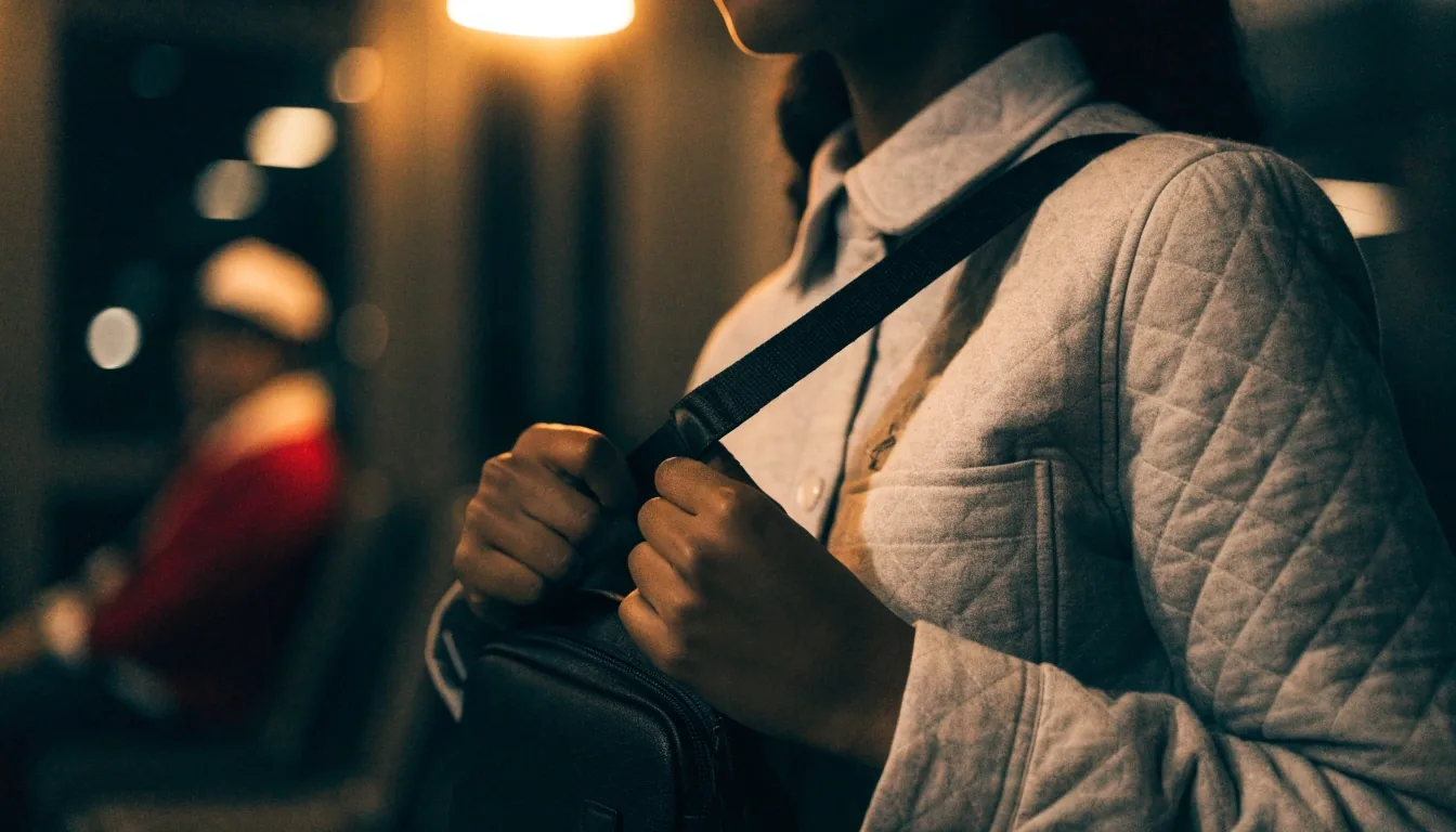 A canvas duffel bag on fog-wet pier boards under one hard work lamp at night