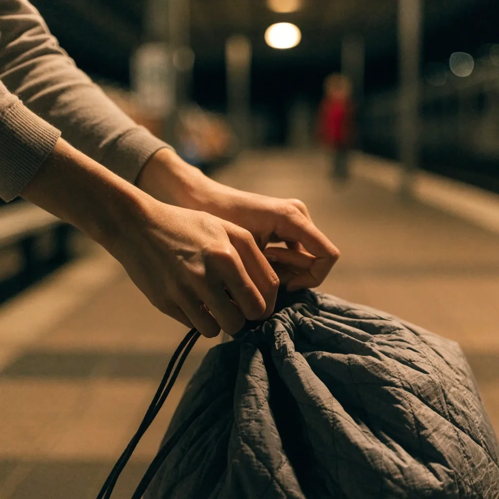 An open duffel bag on wet pier boards beside coiled rope under a single work lamp