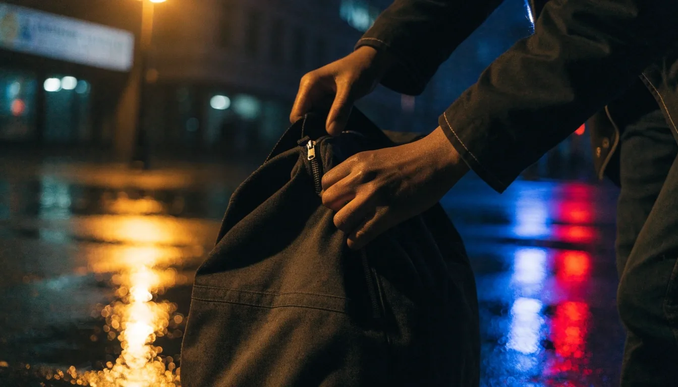 Water beading on the water-repellent woven shell of a bag in raking night light