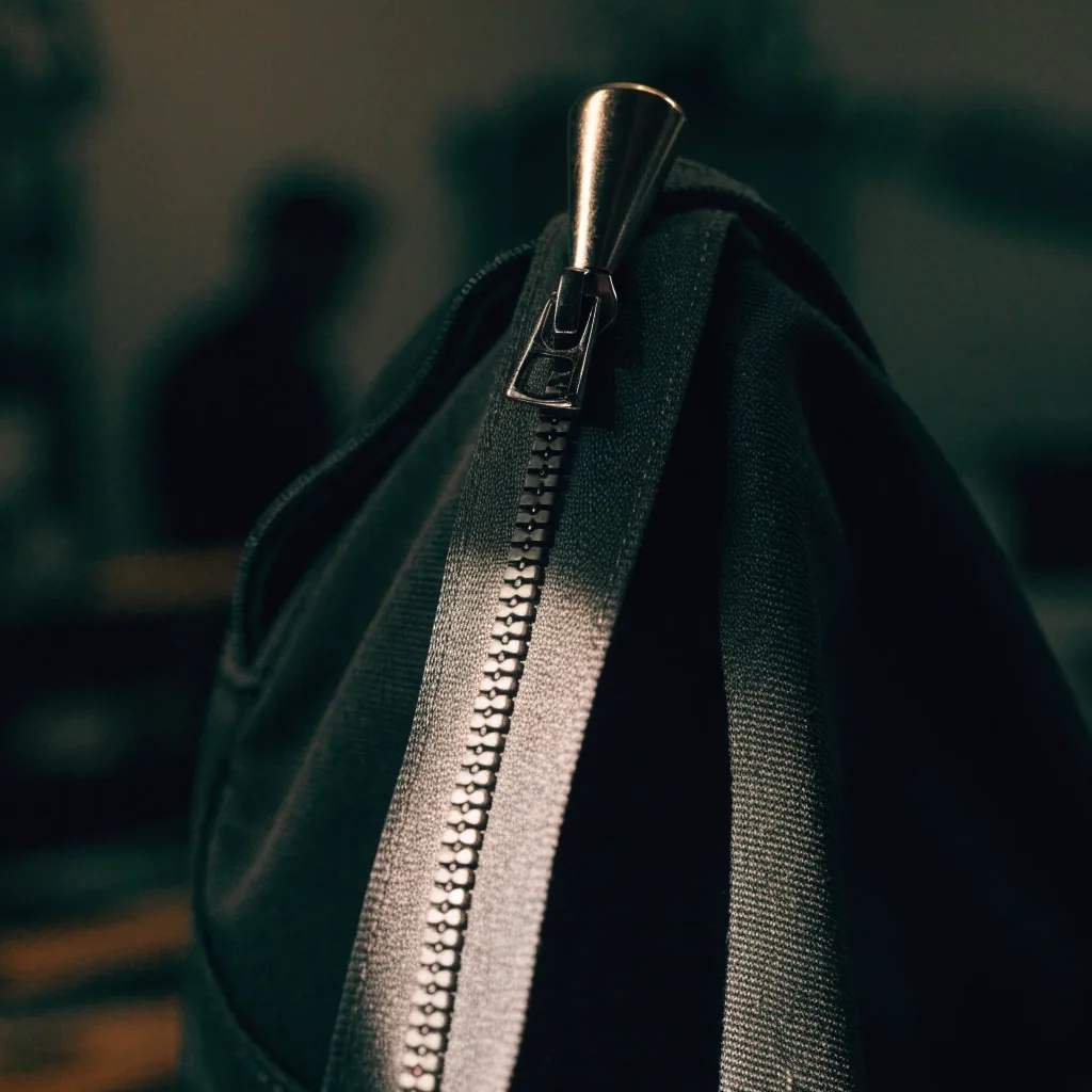 A metal zipper pull and tape on a dark canvas bag in side light