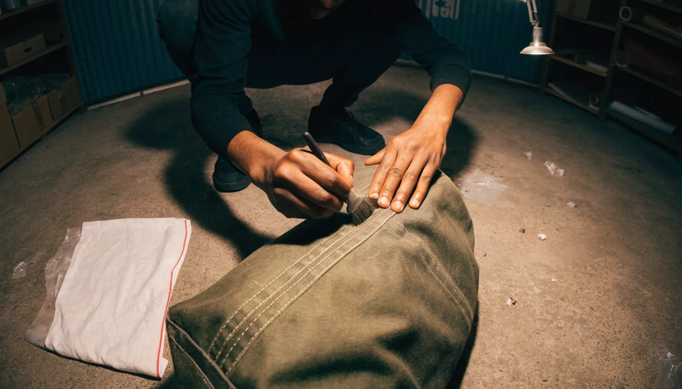 A hand lifting a canvas weekender bag by its webbing handle at a fogged night railing