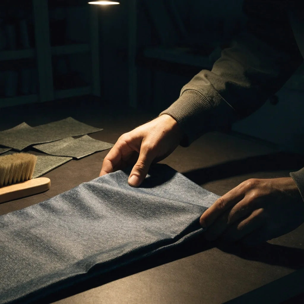 A hand pressing a folded panel of waxed cotton canvas on a dark workbench