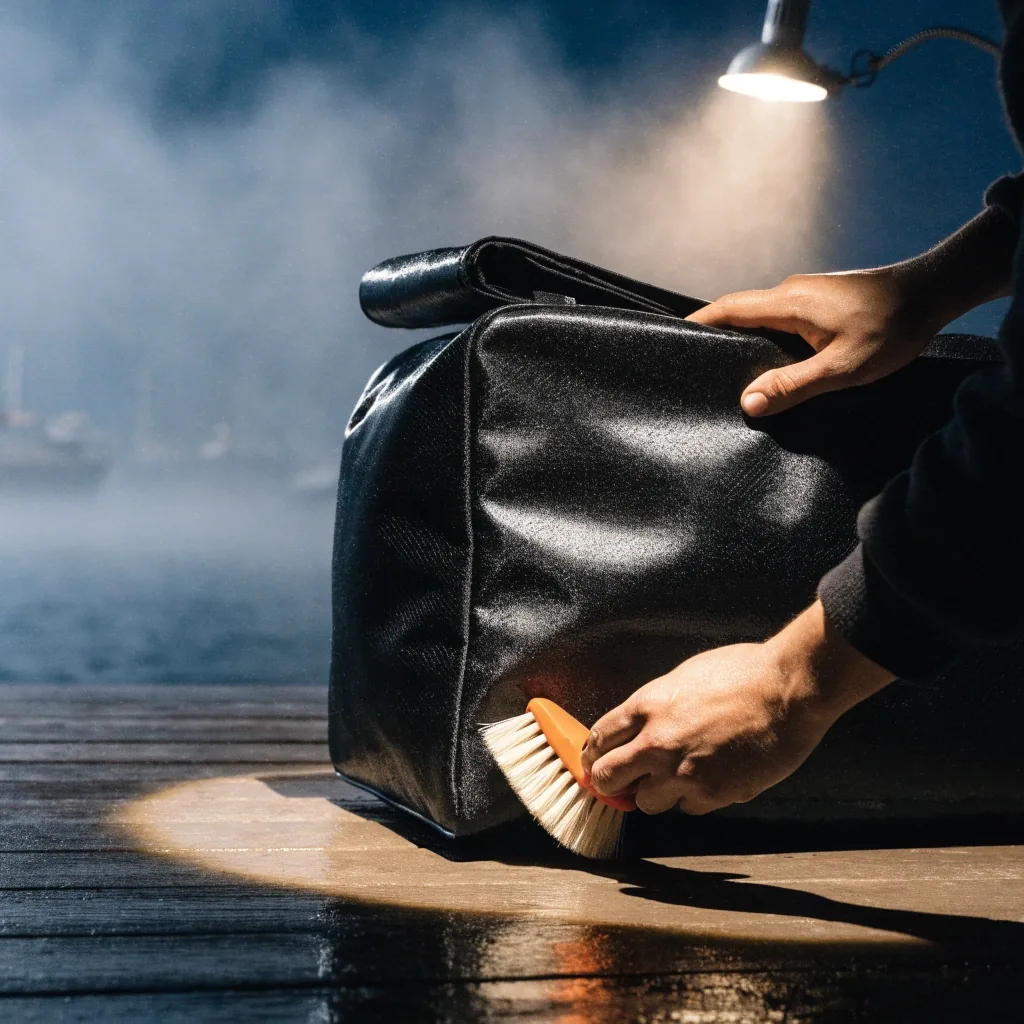 A duffel bag resting on wet pier boards under a single work lamp at night