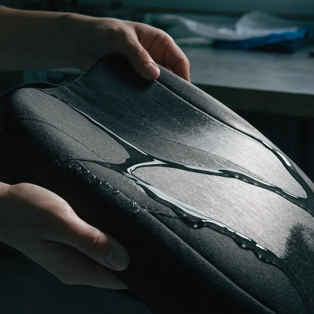 Water beading and rolling across a water-repellent bag shell