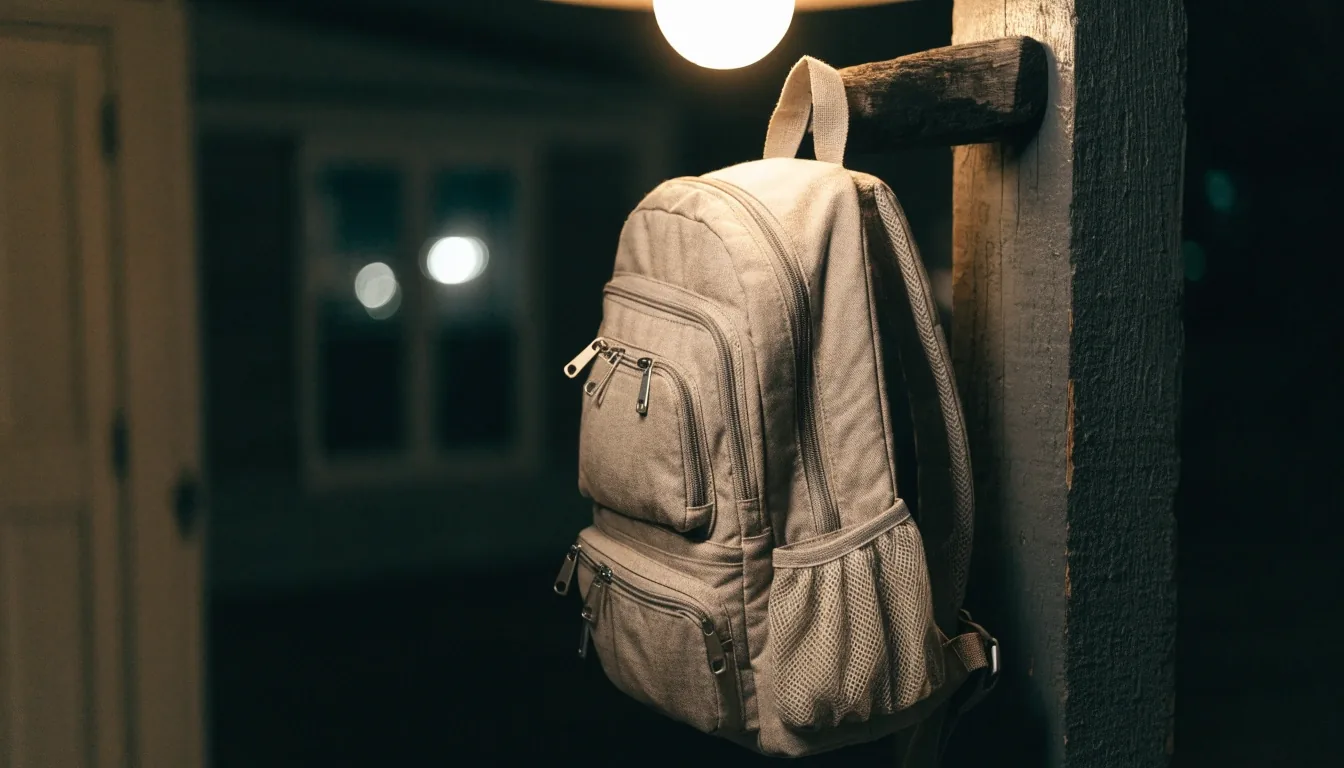 A canvas weekender duffel bag on fog-wet pier boards under a single work lamp at night