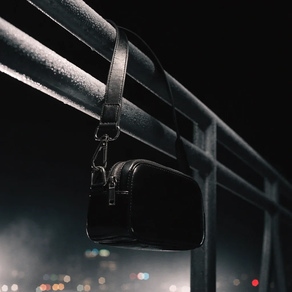 A crossbody purse hanging from a fogged metal railing at night under a single hard key light