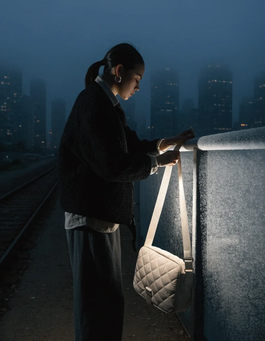 A crossbody bag with a long webbing strap hanging from a fogged metal railing on a night pier, lit by one hard key light