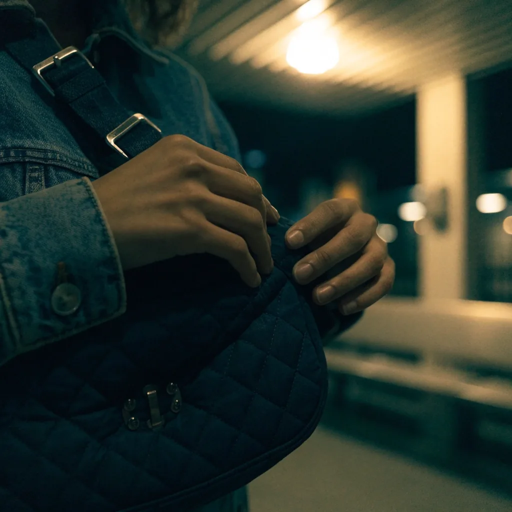A purse resting on a dark wooden crate on a night loading dock under one hard overhead work lamp