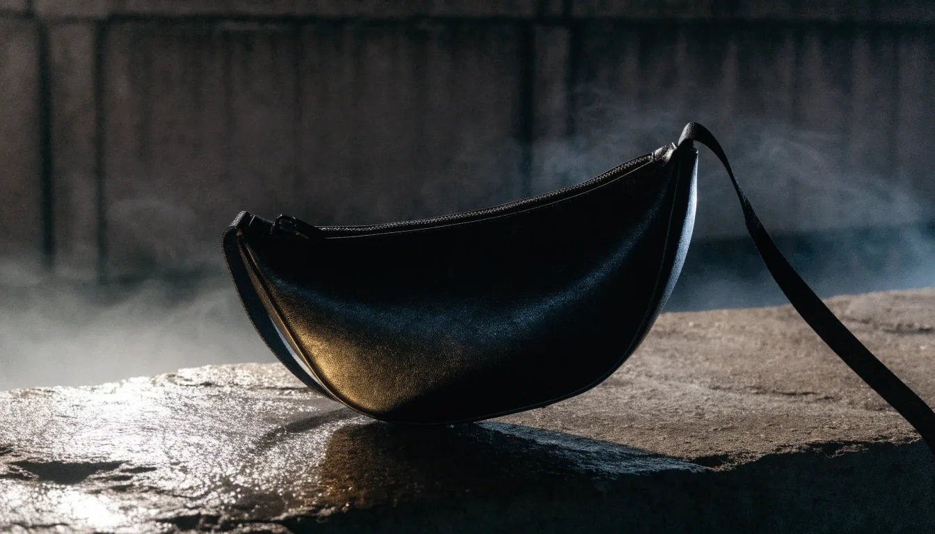 A small crossbody purse with a webbing strap resting on a wet stone ledge at night under a single hard key light