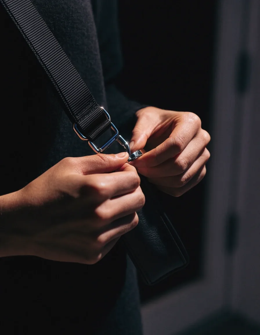 Macro of a metal zipper pull and zip teeth on a printed fabric purse under hard raking light