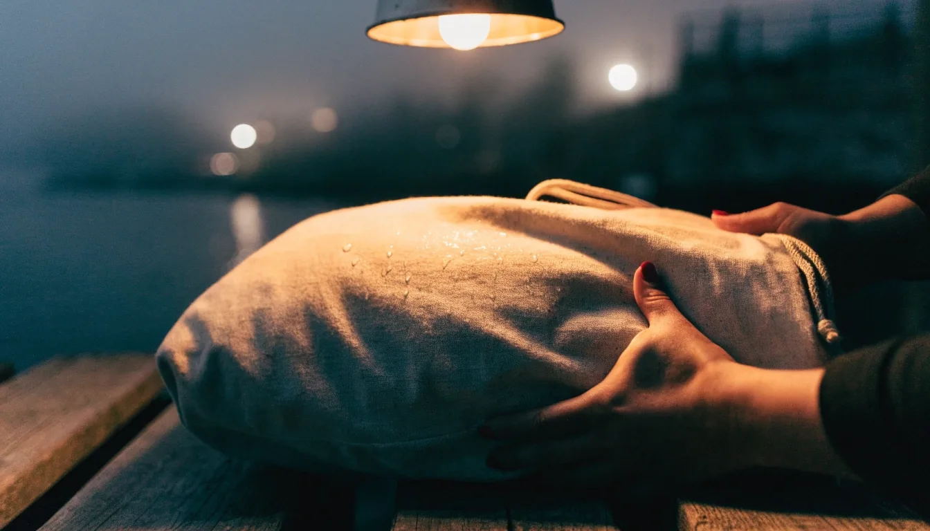 A canvas weekender duffel bag on wet pier boards under one hard night work lamp, water beading on its shell