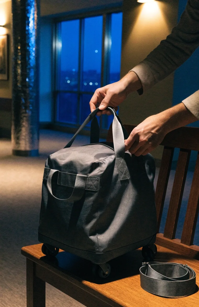 A soft crossbody purse hanging from a fogged metal railing at night, city lights blurred behind