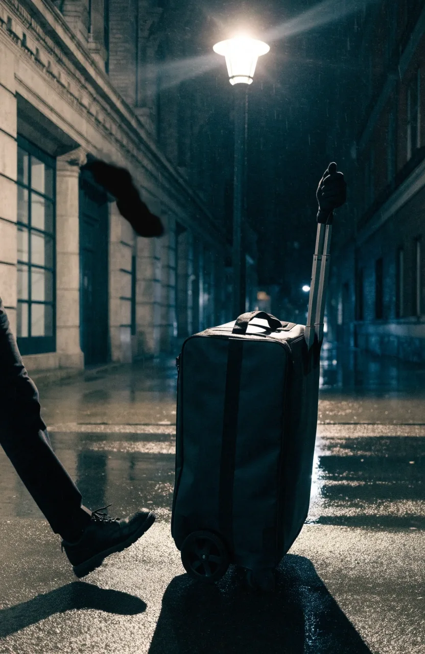 A dark structured backpack leaning against a concrete ledge under one night streetlamp, straps catching a cool rim light