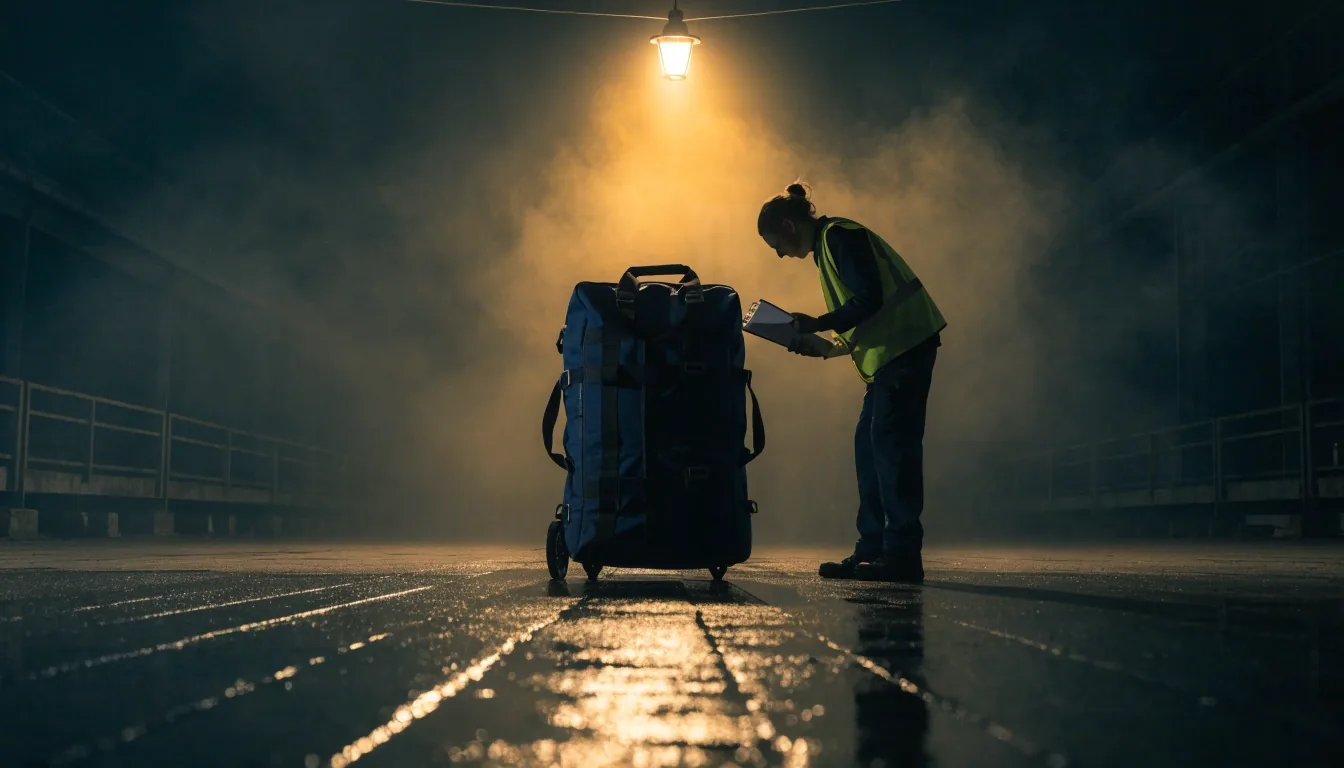 An empty night loading dock under one overhead lamp with a single tote bag at the edge of the light pool