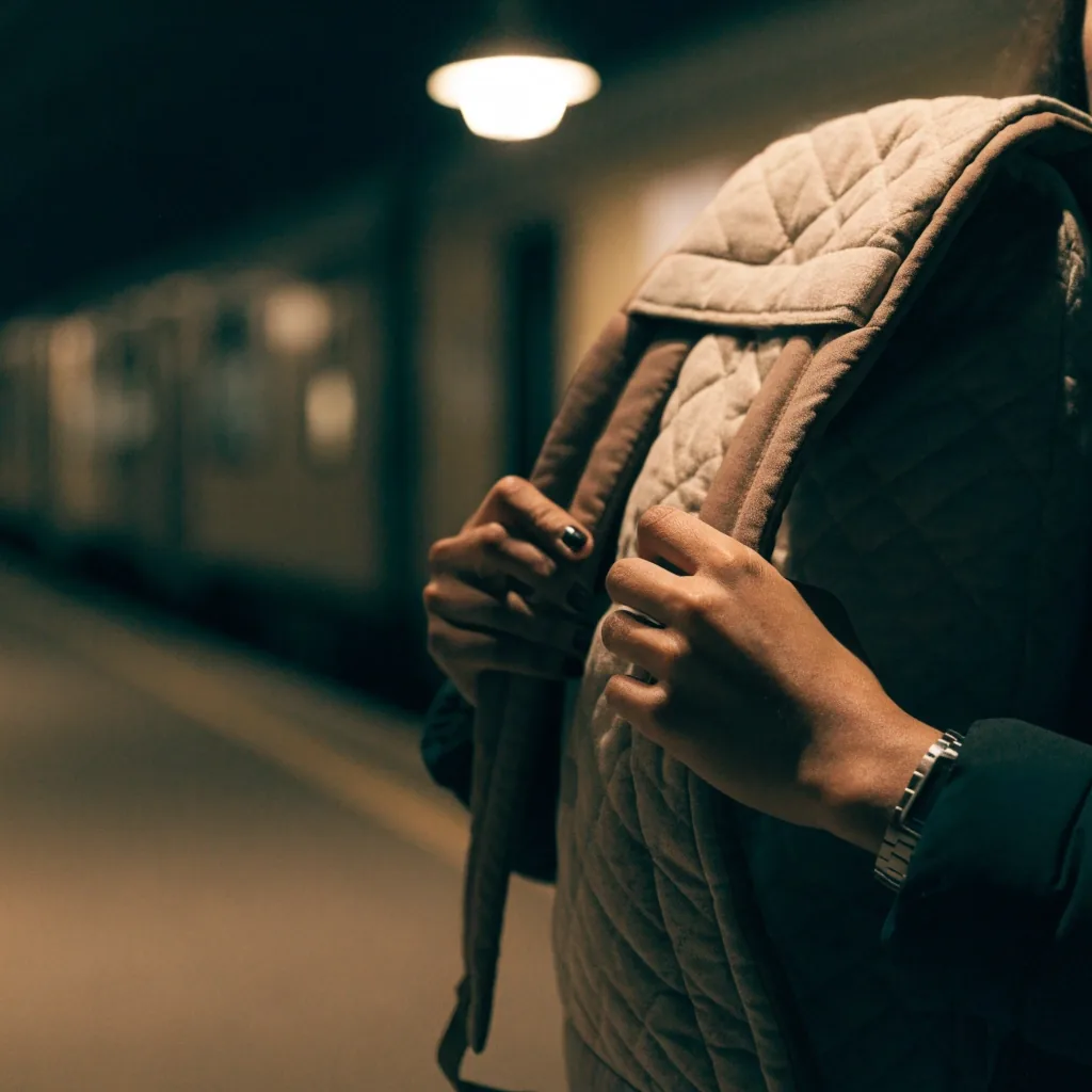 A crossbody bag hanging from a fogged metal railing at night with blurred city lights behind it