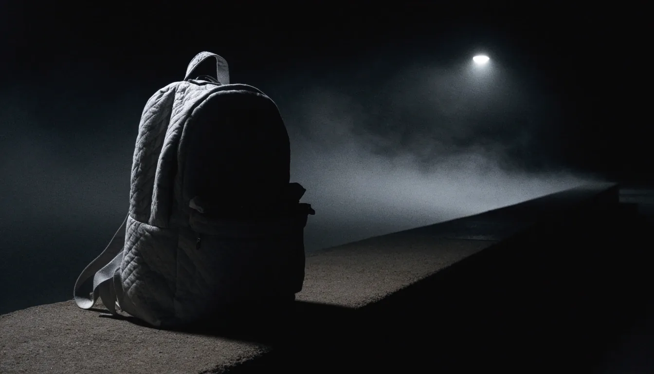 A backpack leaning against a concrete bench at night under a single streetlamp with fog behind