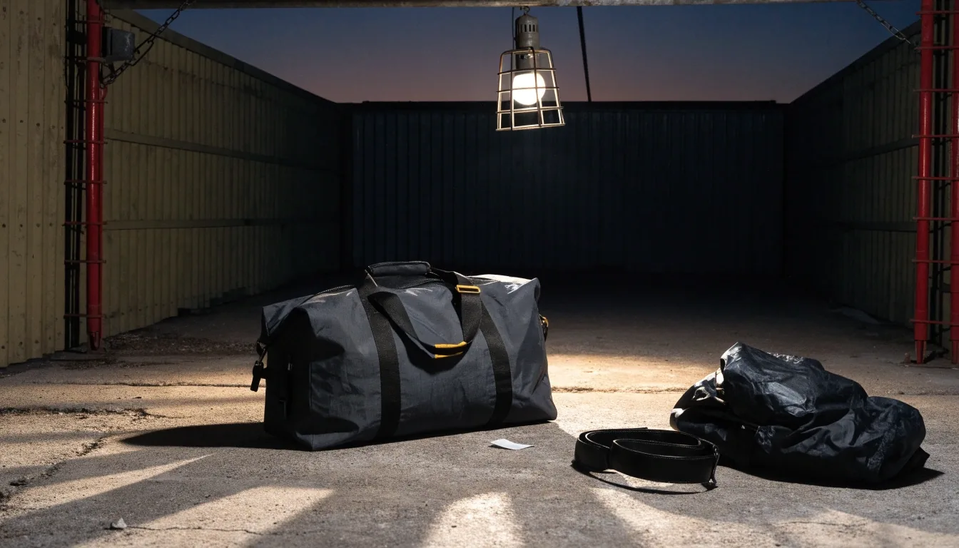 A tote bag resting on a dark wooden pallet at night under one hard work lamp, fog behind it
